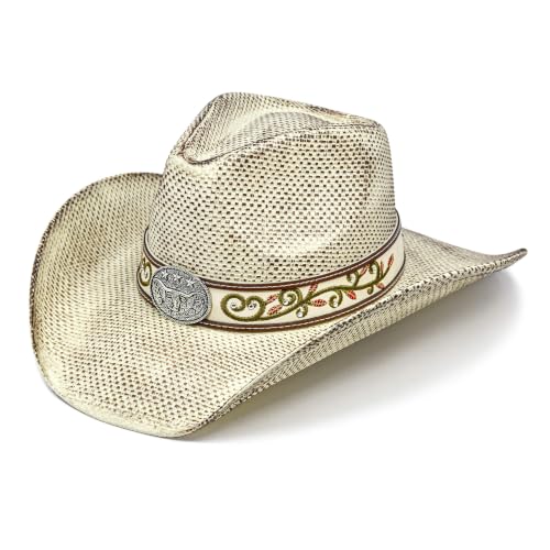FLUFFY SENSE. Cowboy Hats for Women and Men - Distressed Straw Western Hat with Shapeable Brim for Cowboys and Cowgirls - color: Distressed Cream White