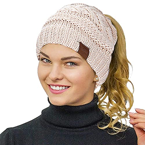 Rosoz 2 Pack Ponytail Beanie for Women,Winter Warm Beanie Tail Soft Stretch Cable Knit Messy High Bun Hat - color: 1pack-beige