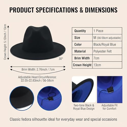 UPSTORE Wide Brim Fedora Hat for Men Women Classic Black Red Panama Hat Two Tone Jazz Hat - color: Blue