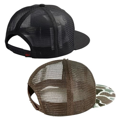BASSDASH 2 Pack Flat Brim Trucker Cap Adjustable Snapback Hat Mesh Back for Men Women Fishing Hunting - color: Pack of 2, Black/Fish Flag & Color Block Camo