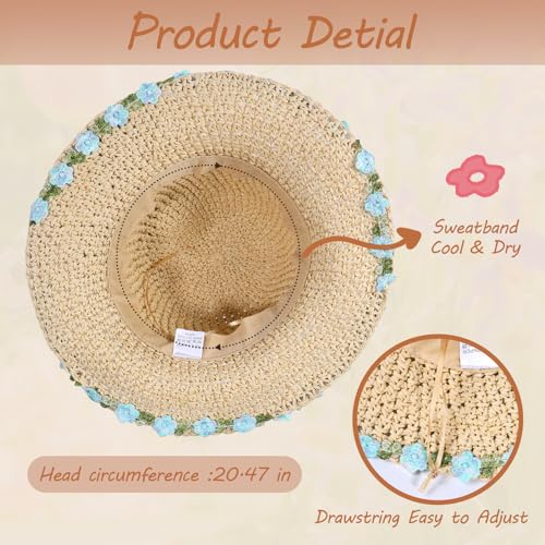Girls Straw Hat with Flower Round Sunglasses, Summer Foldable Large Brim Sunflower Bowknot Beach Toddler Straw Sun Hat, 2-6T - color: Beige-blue Flower