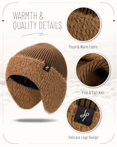 HAMUNI Winter Fleece-Lined Beanie with Earflaps, Warm Windproof Unisex Beanie Hat for Skiing, Hiking & Outdoor Winter Sports - color: Roasted Almonds