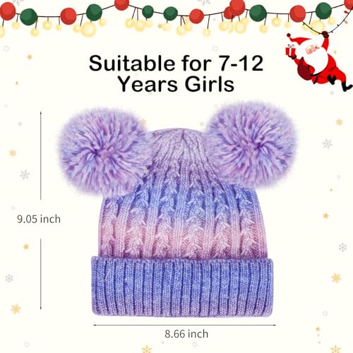 Girls Rainbow Pom Pom Beanies Hats Winter Knit Fleece Lined Beanie Hat for Kids Outdoor Snow Ski Skull Cap Age 7-12 - color: Pompom-multicolor 02(fleece Lined)