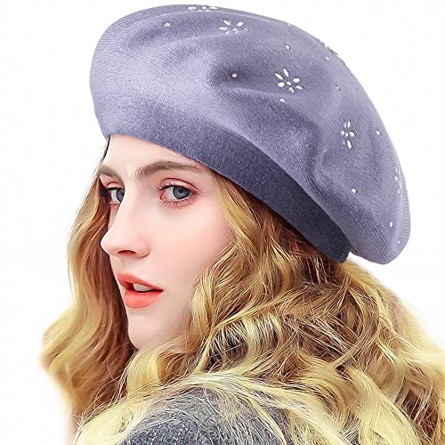 LADYBRO Rhinestone Beret Hats for Women 2 Layers Wool Knit Cap Lady Winter - color: Blue (Floral Pattern)