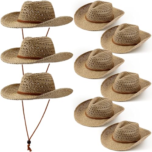 Newcotte 9 Pack Straw Cowboy Hats for Women Men - color: Khaki
