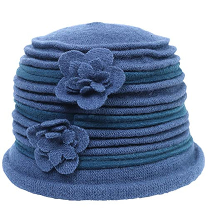 Women's Wool Dress Church Cloche Hat Bucket Winter Floral Hat - color: Stripe-bluish