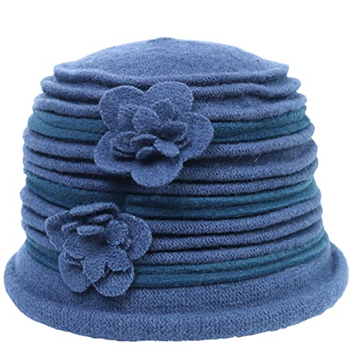 Women's Wool Dress Church Cloche Hat Bucket Winter Floral Hat - color: Stripe-bluish