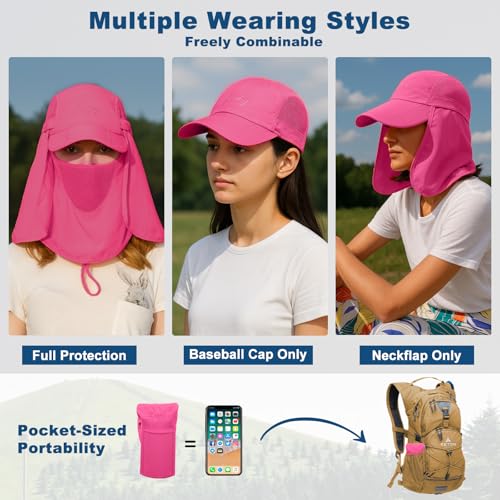 Surblue Baseball Sun Cap with Removable Neck Flap and Face Mask UPF 50+ - color: Rosered, size: Small