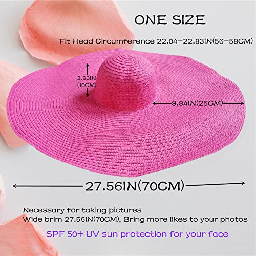 Oversized Beach Hat Women, Extra Wide Brim Foldable Straw Floppy Sun Hat - color: Rose Red