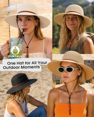 FURTALK Womens Wide Brim Sun Hat with Wind Lanyard UPF Summer Straw Sun Hats for Women - color: Black, size: Medium-Large