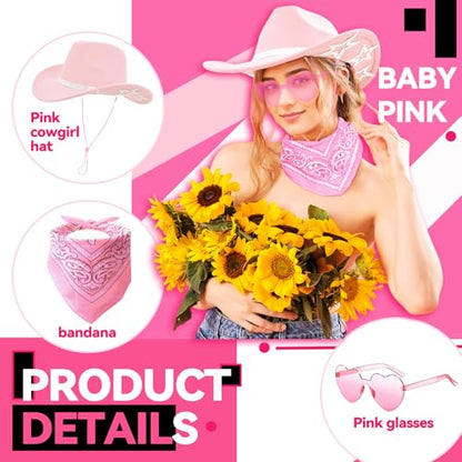 SHENYI Cowgirl Hat and Bandana and Heart Sunglasses Glitter Rhinestone Star Cowboy Hat Western Sparkly Hats for Women Men - color: Pink