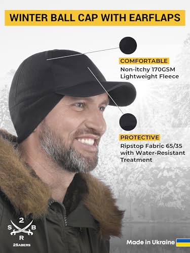 2SBR 2SABERS Mens Winter Hat with Earflaps and Visor - Warm Trucker Baseball Cap Hat - color: Black, size: Small