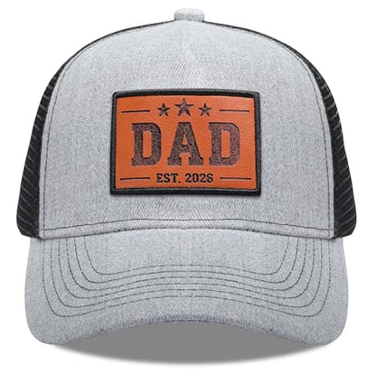 Dad EST.2026 Trucker Hat Baseball Cap for Men, Leather Patch Unique Dad Gifts Perfect Fathers Day Birthday Christmas - color: Grey