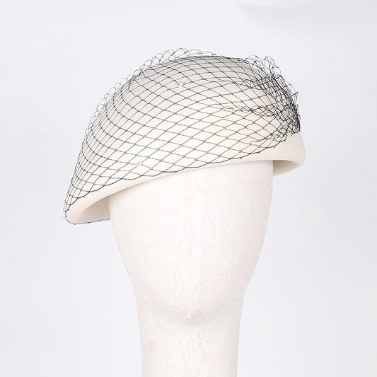 Vintage Wool French Beret Hat with Mesh Veil, Crystal Brooch Accent, Classic Beanie Winter Cap - color: White With Mesh Veil