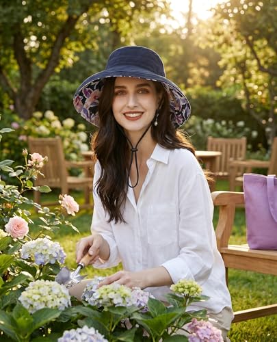 Womens Foldable Shapeable Brim Sun Hat UPF 50+ Cotton Wide Brim Beach Adjustable Chin Strap Hat Sun Protection Cap - color: Z5-black
