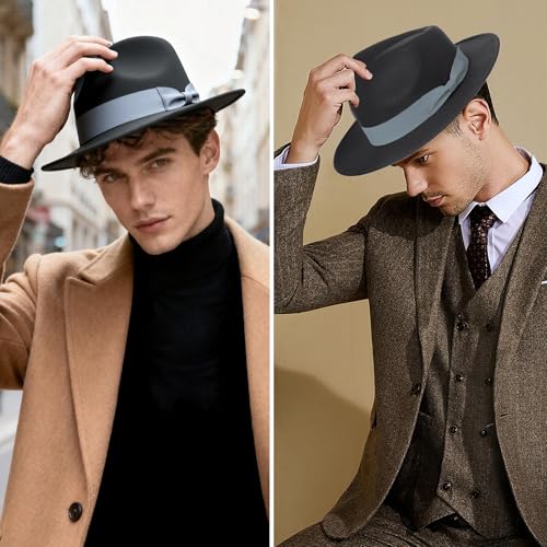 BABEYOND 1920s Fedora Hat for Men Gatsby Wide Brim Hat Felt Panama Cap - color: Dark Grey