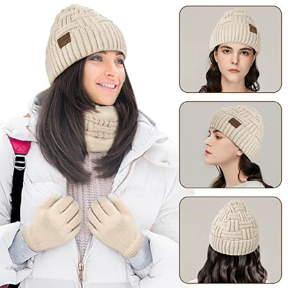 Loritta 3-Pieces Winter Hats for Women Warm Scarf Touchscreen Gloves - color: Beige