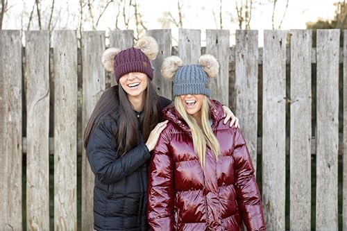 Funky Junque Women’s Double Pom Pom Beanie – Soft Knit Winter Hat for Women & Teens, Warm Cuffed Beanie with Faux Fur Poms - color: Charcoal/Natural Faux Fur, size: Small-X-Large