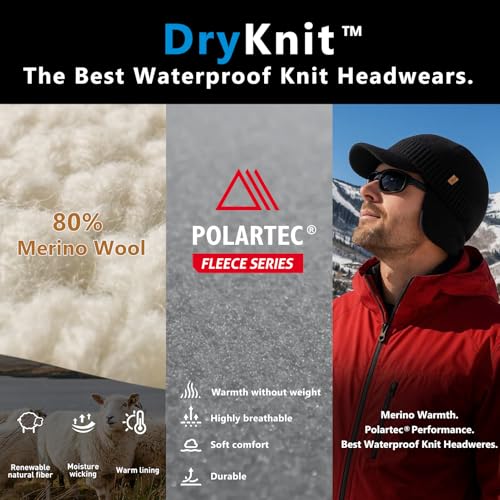TOP-EX DryKnit™ 80% Merino Wool Waterproof Warm Brim Beanie with Ear Flaps - color: Navy (Waterproof), size: Medium-Large