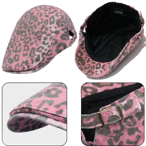 Retro Leopard Beret Cap 20s-Gatsby Fashion Cows Newsboy Caps Cotton Blend Ivy Flat Cabbie Hat Medium - color: Pink Leopard