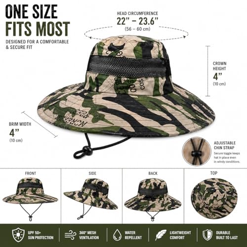 Camo Bucket Sun Hat with Mesh Band and Chin Strap, Wide Brim Boonie Hat for Outdoor Activities - color: Woodland White Camo