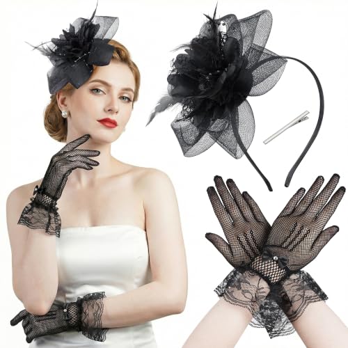 Fascinators Hats with Lace Gloves for Women Headband for Tea Party Wedding - color: Black