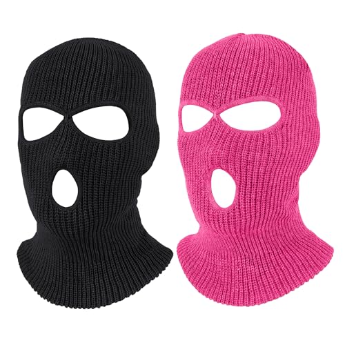 Pukavt 2 Pack 3 Hole Winter Knitted Mask, Ski Mask Balaclava Cap - color: Black/Rose Red