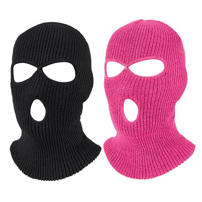 Pukavt 2 Pack 3 Hole Winter Knitted Mask, Ski Mask Balaclava Cap - color: Black/Rose Red