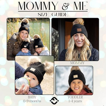 Funky Junque Mommy & Me Double Pom Beanies 3-Pack Matching Winter Hats for Mom, Toddler & Infant Girls, Cozy Knit Family Set - color: Adult/Toddler (Single Pom)/Infant (Double Pom) - Diagonal Stripes - Black (3 Pack)