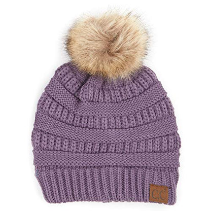 C.C Hatsandscarf Exclusives Unisex Solid Ribbed Beanie with Pom (HAT-43) - color: A Gift Set-violet