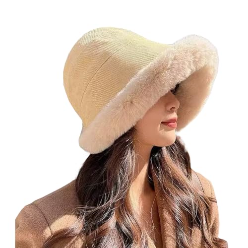 XYX Women Winter Knit Fleece Lined Bucket Hat Beanie Hat Rolled Brim Faux Fur Crochet Skull Cap - color: Beige
