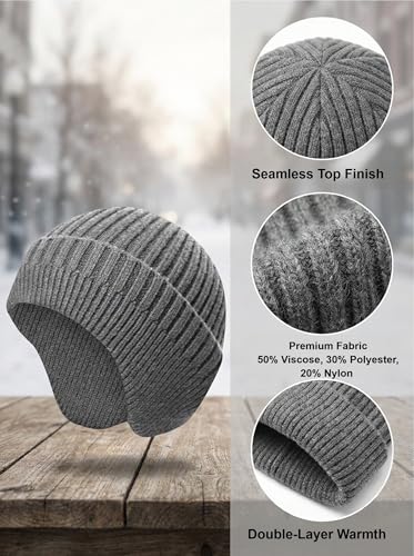 Winter Beanie for Men Women with Earflap, Fleece Lined Beanie Soft Warm Knit Hat Ski Stocking Cuffed Cap - color: Grey
