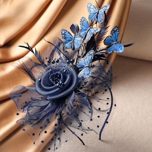 Zinniday Butterfly Derby Hat 2025 - Classic Tea Party Hats with Hair Clip, 1920s 50s Fascinators for Lady Woman - color: Navy Blue