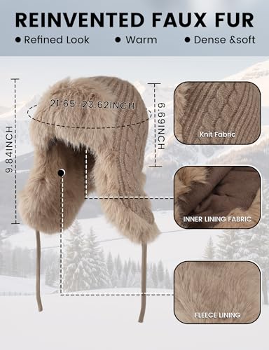 Beauty Women Fur Trapper Ushanka Hat with Ear Flaps, Faux Fur Windproof Thick Winter Russian Bomber Eskimo Hat(Pink)
