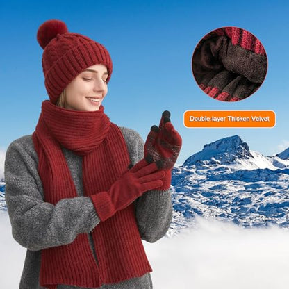 HUAMULAN Women Winter Knit Beanie Hat Circle Scarf Set Pompoms Ear Flaps - color: Wine Red With Scarf and Gloves