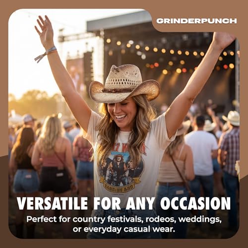grinderPUNCH Straw Cowboy Hat for Men Women Western Cowgirl Outback Sun Hat - color: Biege