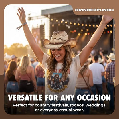grinderPUNCH Straw Cowboy Hat for Men Women Western Cowgirl Outback Sun Hat - color: Biege