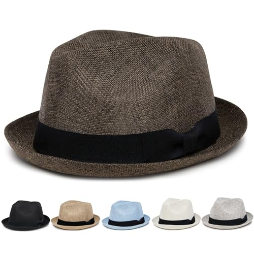 Funky Junque Men's Panama Porkpie Fedora, Linen Summer Beach Hat - color: Coffee Brown, size: Large-X-Large