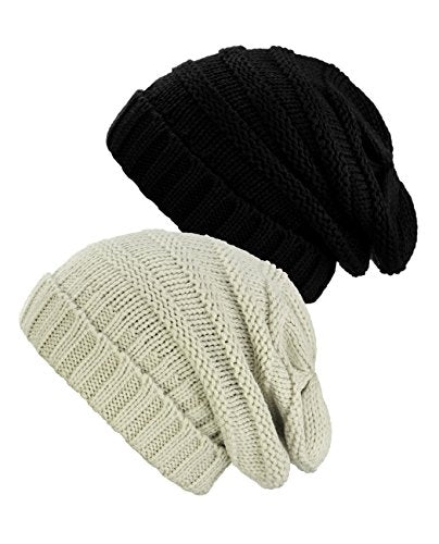 NYFASHION101 Oversized Baggy Slouchy Thick Winter Beanie Hat - color: Black & Beige