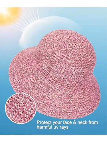 sy soul young Women's Straw Sunhat Wide Brim Hand Woven Beach Bucket Hat - color: Beige & Hot Pink