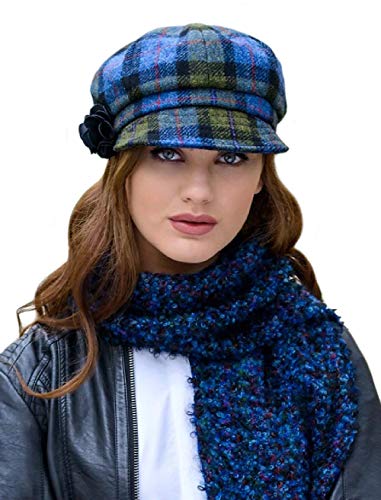 Newsboy Hat for Women's Cap 8 Panel Wool Made in Ireland - color: Blue, Green Plaid
