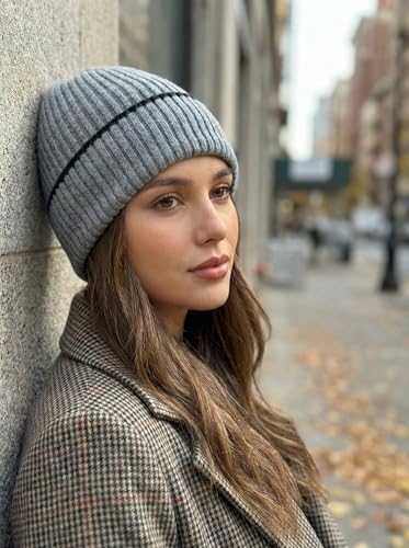 Beanie for Men Women Unisex Winter Hat Cuffed Thick Chunky Knitted Beanies Skull Cap - color: Gray With Black Cuff