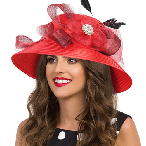 Women Church Hats Derby Wedding Dress Satin Ribbon Hat - color: Sd704wd-red