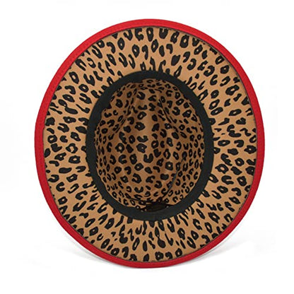 Women's Wide Brim Felt Fedora Panama Hat with Leopard - color: Y-red & Leopard