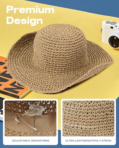 Bsubseach Womens Foldable Beach Hat Packable Straw Sun Hat Wide Brim Floppy Hat for Outdoor Travel - color: Khaki