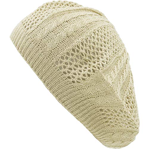 an Womens Lightweight Cut Out Knit Beanie Beret Cap Crochet Hat - Many Styles - color: Beige Multi Textured