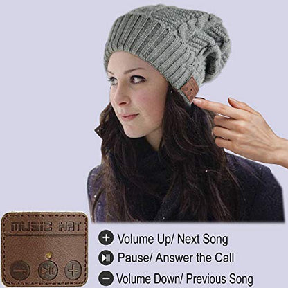Wireless Hat Music Beanie Women Men Unisex Musical Beanie Hat Winter Warm Cap with Over Ear Headset Headphones Earphone Speaker Beanie Hat - color: Knit Light Grey