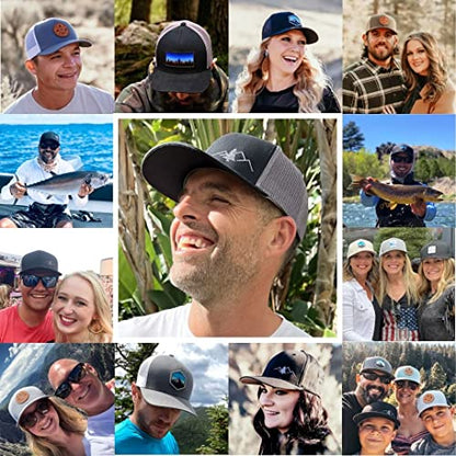 LINDO Trucker Hat [ Great Outdoors Design ] for Men and Women: Mid Profile Cap with Breathable Mesh Back and Adjustable Snap - color: Navy/White