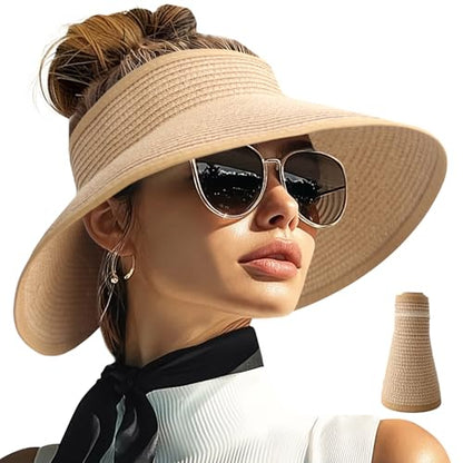 PFFY Sun Visor Hats for Women Wide Brim Straw Packable Ponytail Beach Hat - color: Khaki