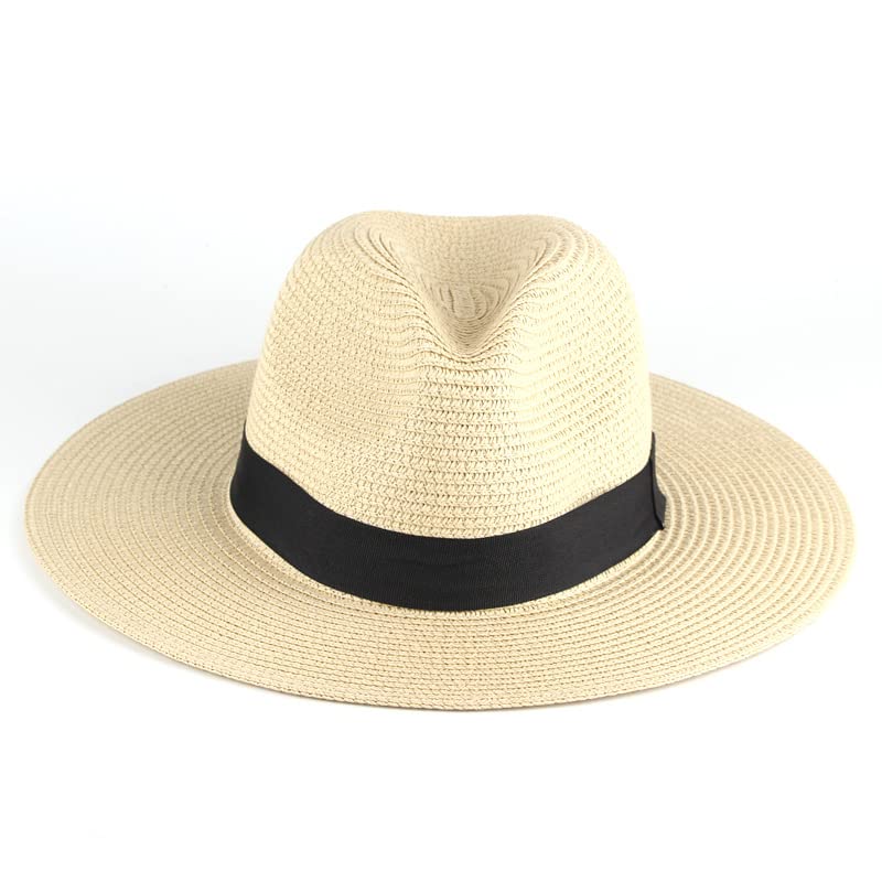 Unisex Adjustable Summer Straw Fedora Hat Sun Cap Panama Wide Brim For Beach Summer Outdoors Camping Supplies - color: Beige